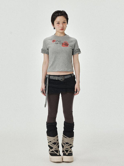 Achihara Roseprint Floral Sleeve Cropped Tee