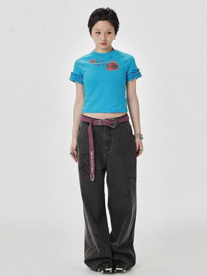 Roseprint Floral Sleeve Cropped Tee