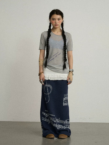 Achihara Sea Salt French Print Cropped Tee V-Neck T-Shirt Long-Sleeve-1