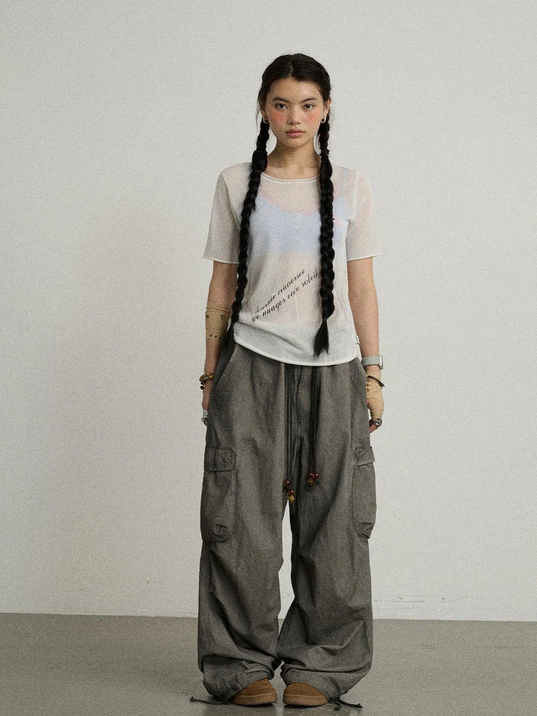 Sea Salt French Print Cropped Tee V-Neck T-Shirt Long-Sleeve