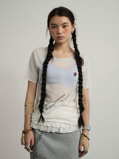 Achihara Sea Salt French Print Cropped Tee V-Neck T-Shirt Long-Sleeve