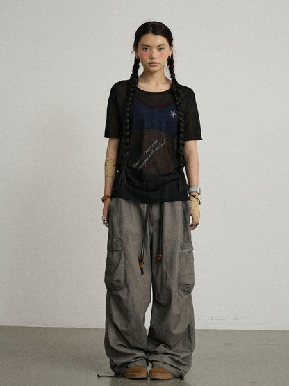 Achihara Sea Salt French Print Cropped Tee V-Neck T-Shirt Long-Sleeve