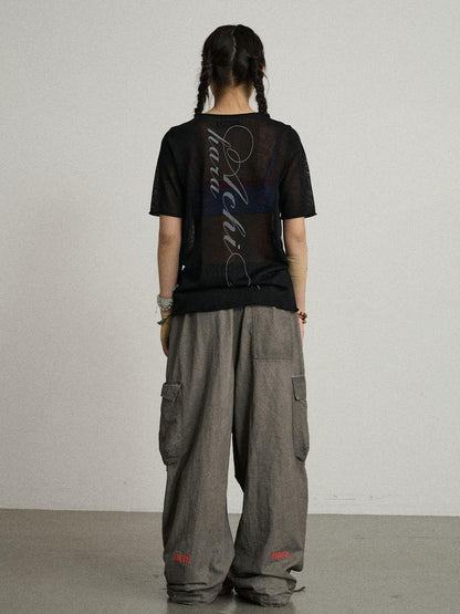 Achihara Sea Salt French Print Cropped Tee V-Neck T-Shirt Long-Sleeve