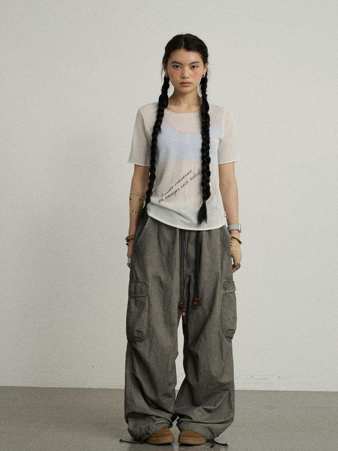 Achihara Sea Salt French Print Cropped Tee V-Neck T-Shirt Long-Sleeve