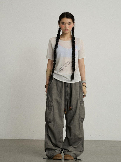 Achihara Sea Salt French Print Cropped Tee V-Neck T-Shirt Long-Sleeve