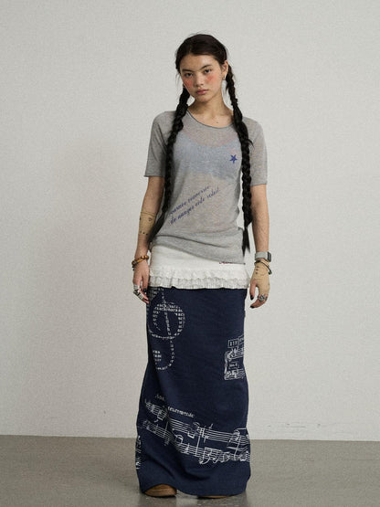 Achihara Sea Salt French Print Cropped Tee V-Neck T-Shirt Long-Sleeve