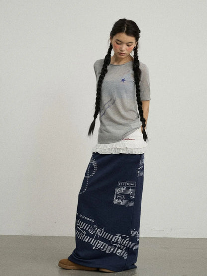 Sea Salt French Print Cropped Tee V-Neck T-Shirt Long-Sleeve
