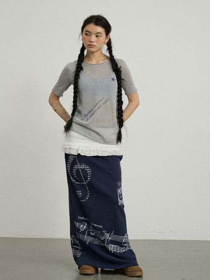 Achihara Sea Salt French Print Cropped Tee V-Neck T-Shirt Long-Sleeve
