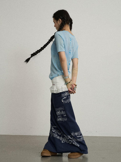 Achihara Sea Salt French Print Cropped Tee V-Neck T-Shirt Long-Sleeve