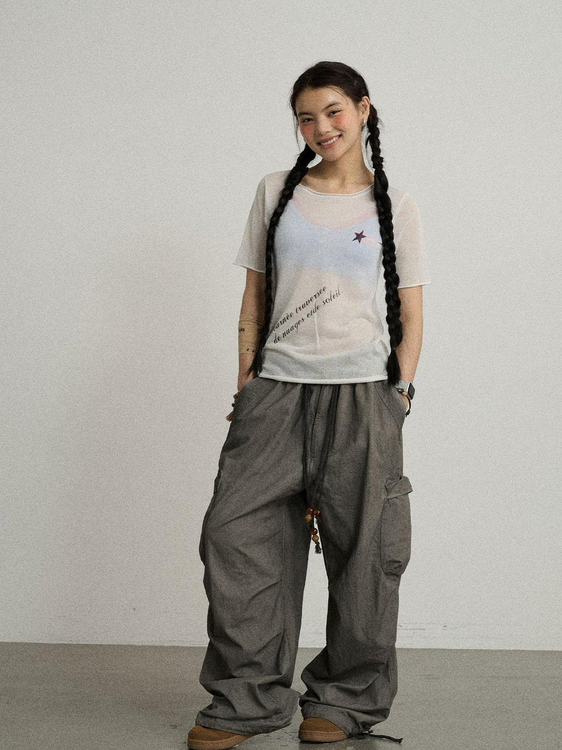 Achihara Sea Salt French Print Cropped Tee V-Neck T-Shirt Long-Sleeve