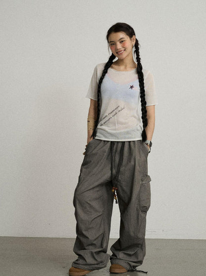 Achihara Sea Salt French Print Cropped Tee V-Neck T-Shirt Long-Sleeve