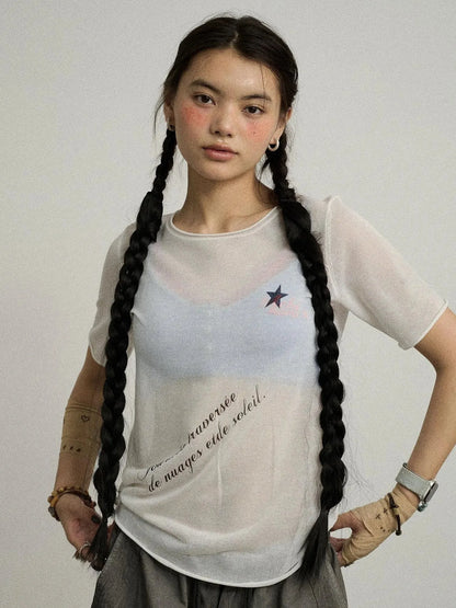 Sea Salt French Print Cropped Tee V-Neck T-Shirt Long-Sleeve