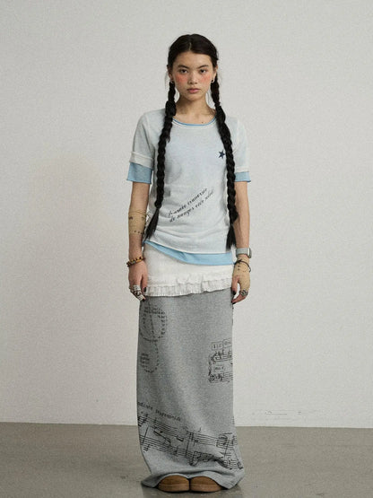 Sea Salt French Print Cropped Tee V-Neck T-Shirt Long-Sleeve