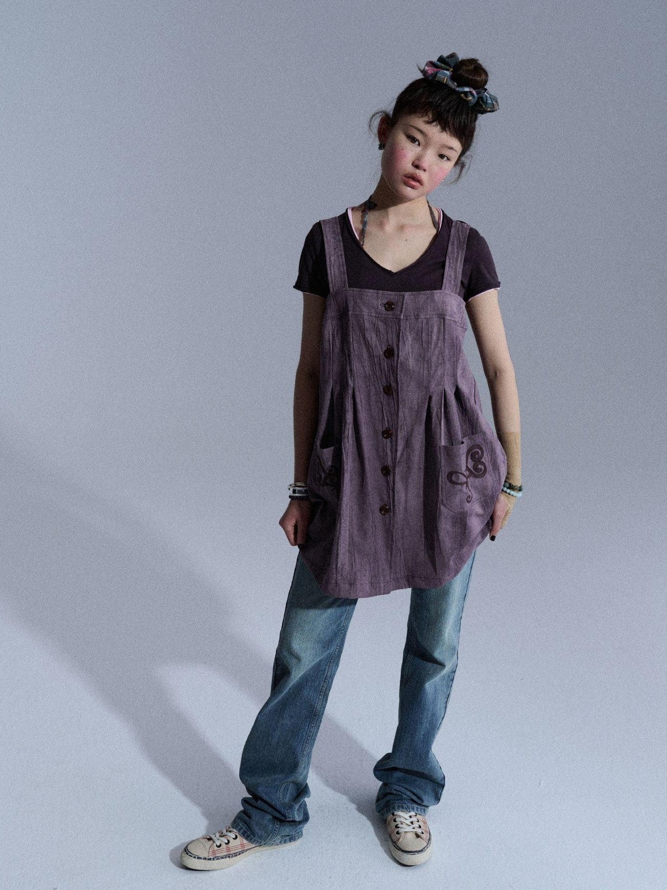 Achihara Seagull Motif Washed Embroidered Straight Women&