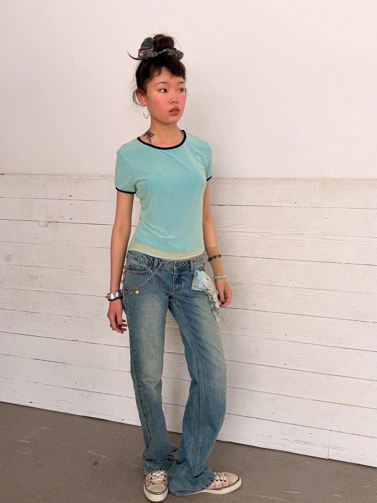 Achihara Seagull Motif Washed Embroidered Straight Women&