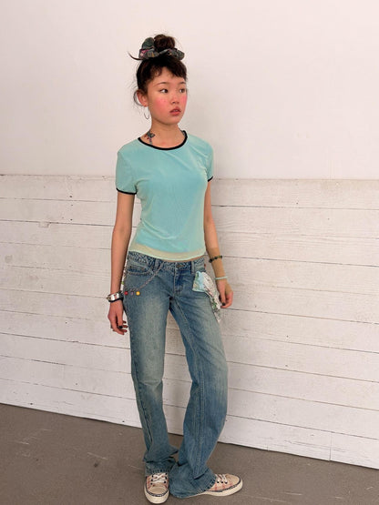Achihara Seagull Motif Washed Embroidered Straight Women&