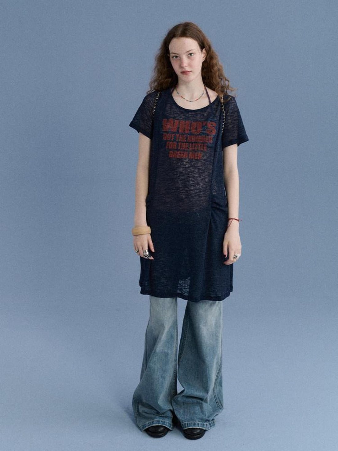 Achihara Semi Sheer Letter Print Crew Neck Women&