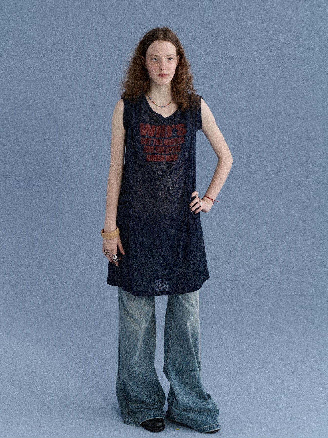 Achihara Semi Sheer Letter Print Crew Neck Women&