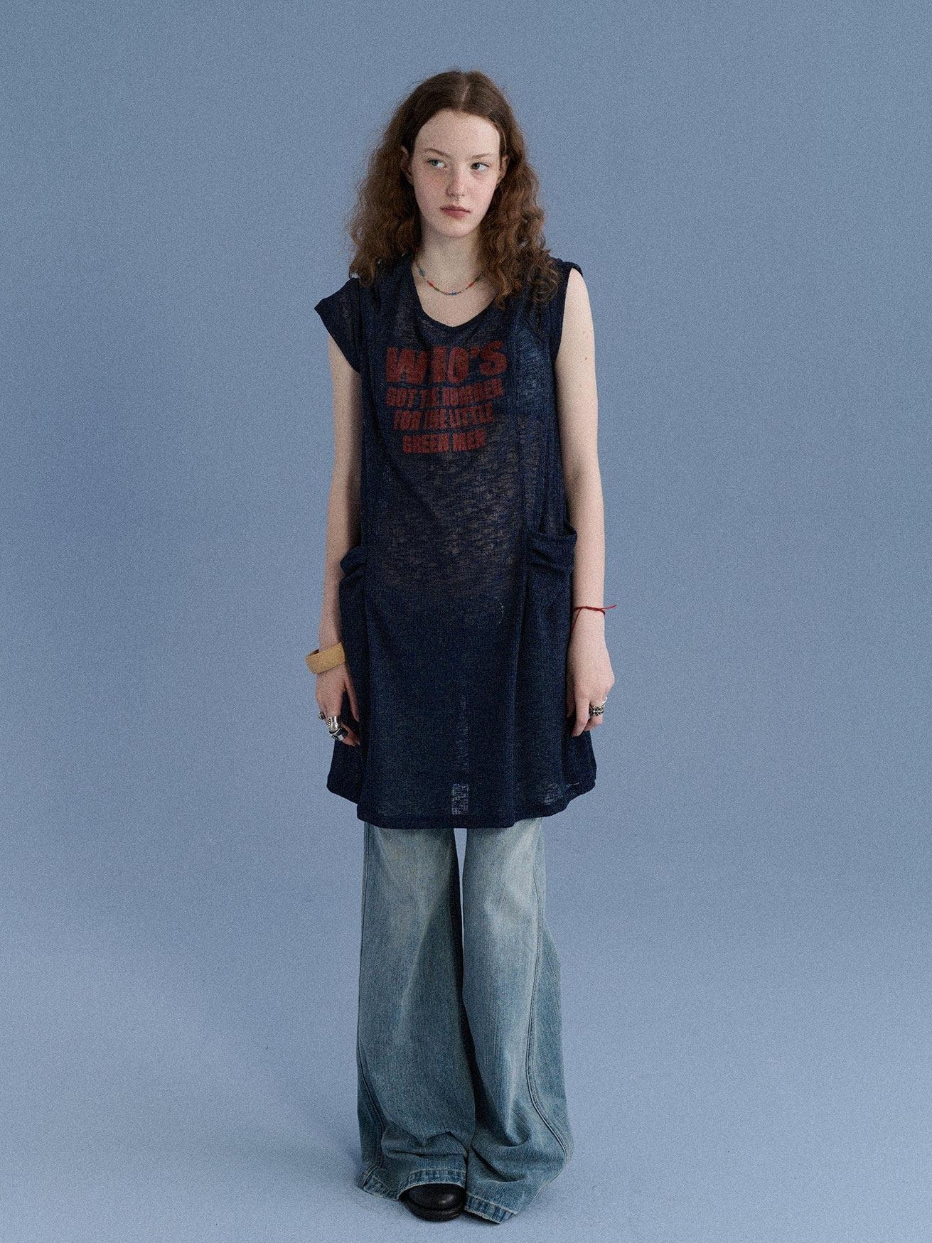 Achihara Semi Sheer Letter Print Crew Neck Women&