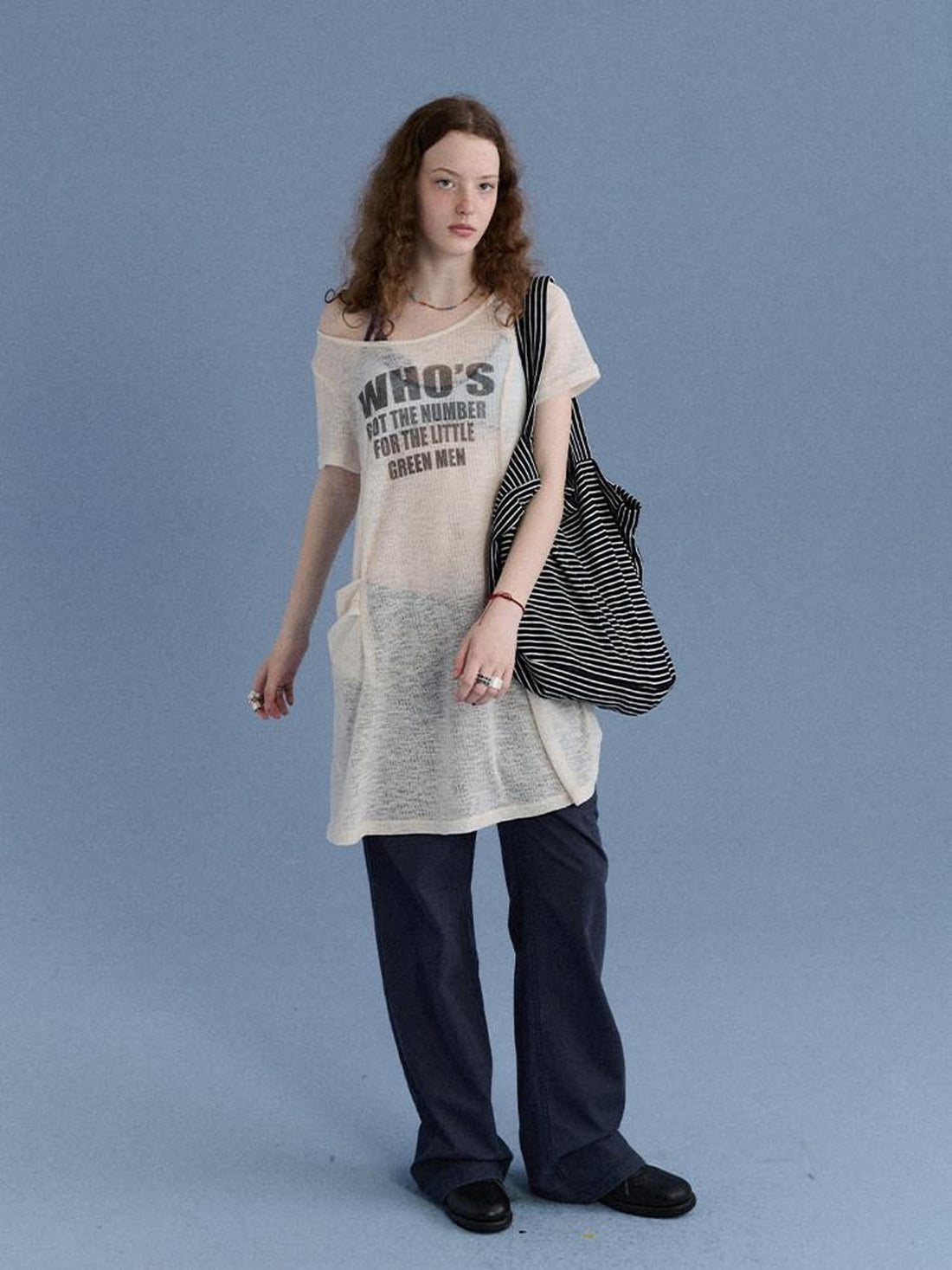 Achihara Semi Sheer Letter Print Crew Neck Women&