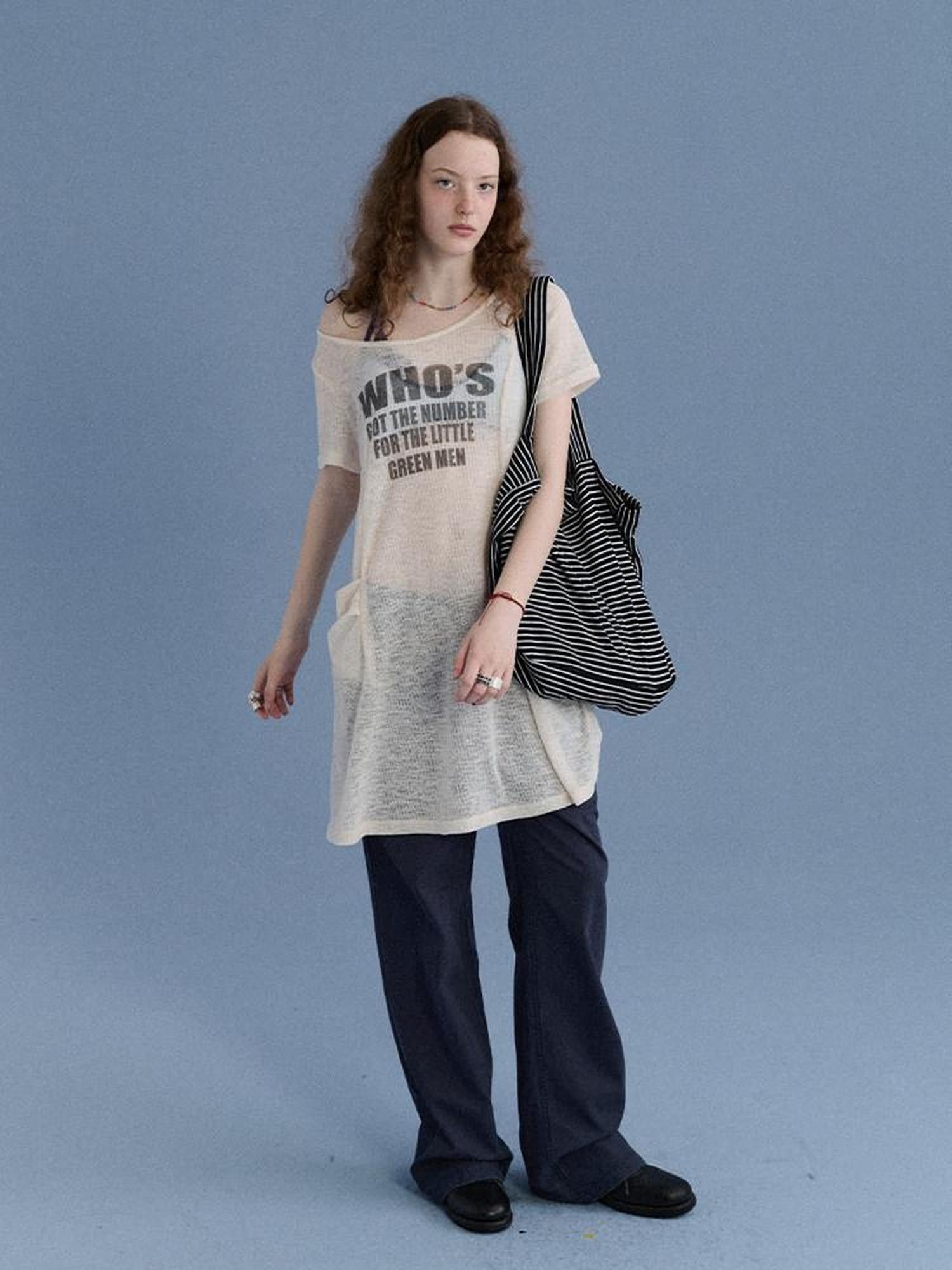 Achihara Semi Sheer Letter Print Crew Neck Women&