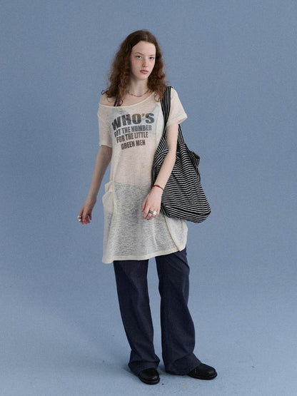 Achihara Semi Sheer Letter Print Crew Neck Women&