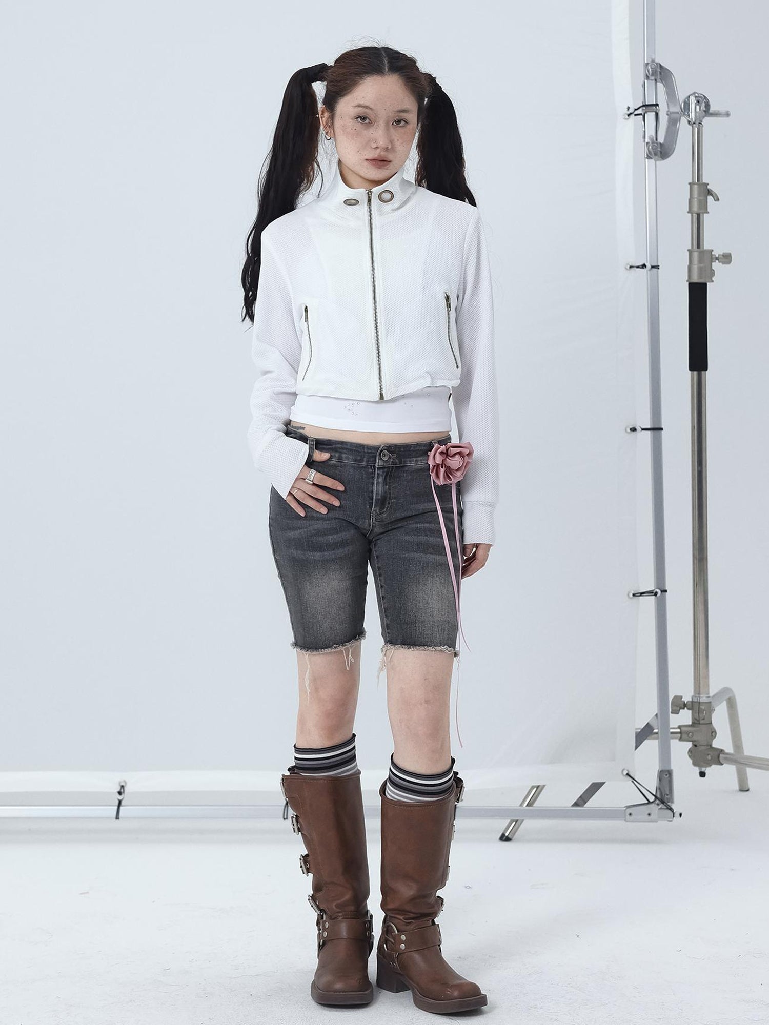Achihara Sheer Mesh Long Sleeve Crop Sun Jacket