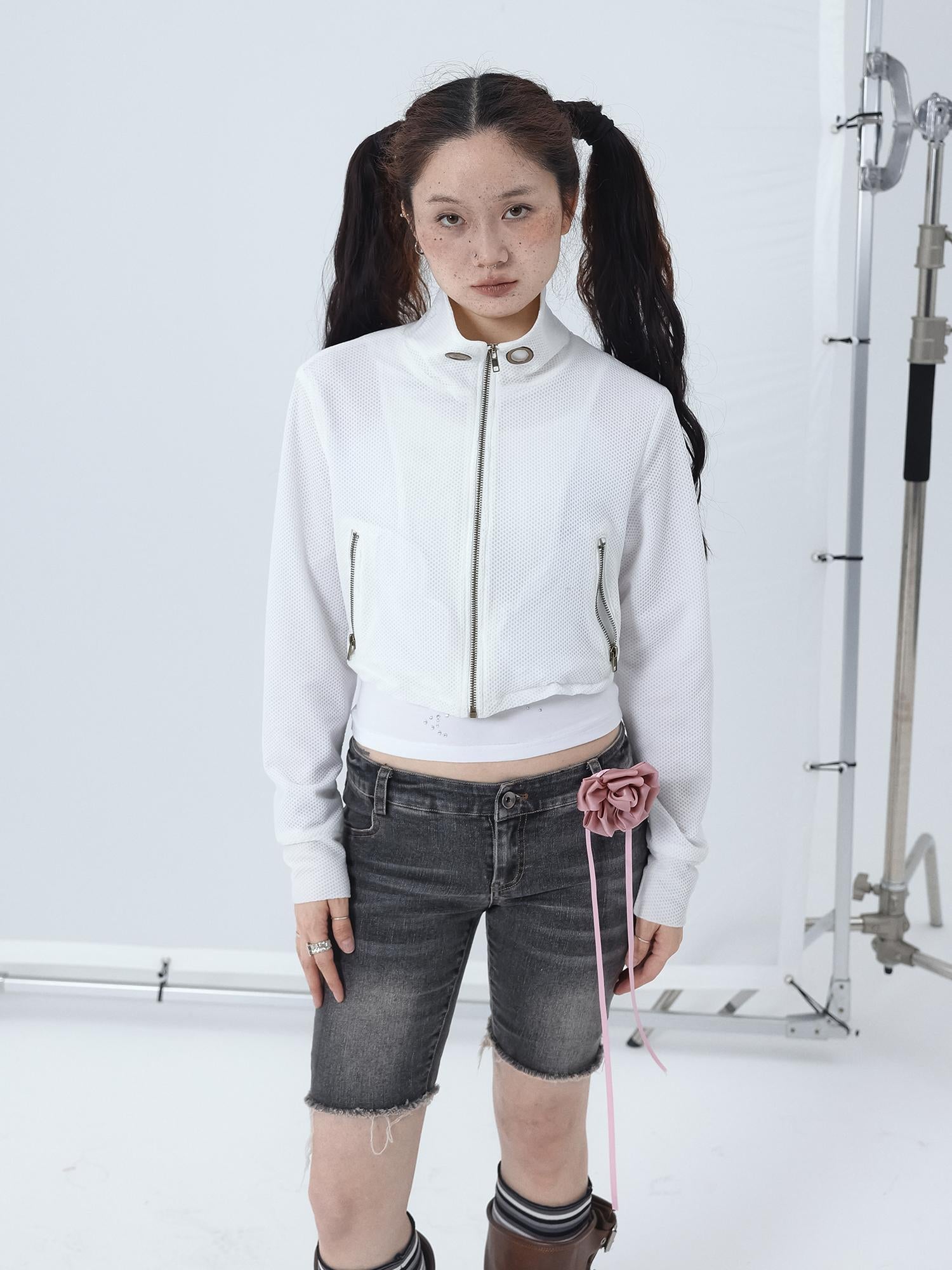 Achihara Sheer Mesh Long Sleeve Crop Sun Jacket