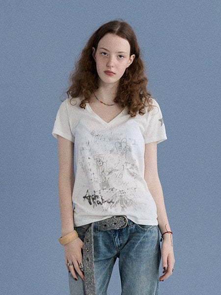 Achihara_Sheer_V-neck_Graffiti_Letter_Print_Women&