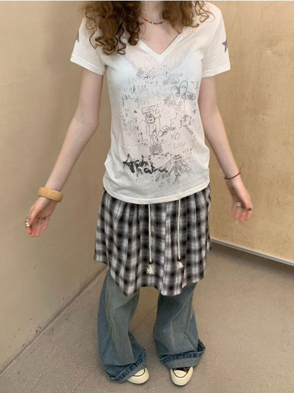 Achihara Sheer V-neck Graffiti Letter Print Women&
