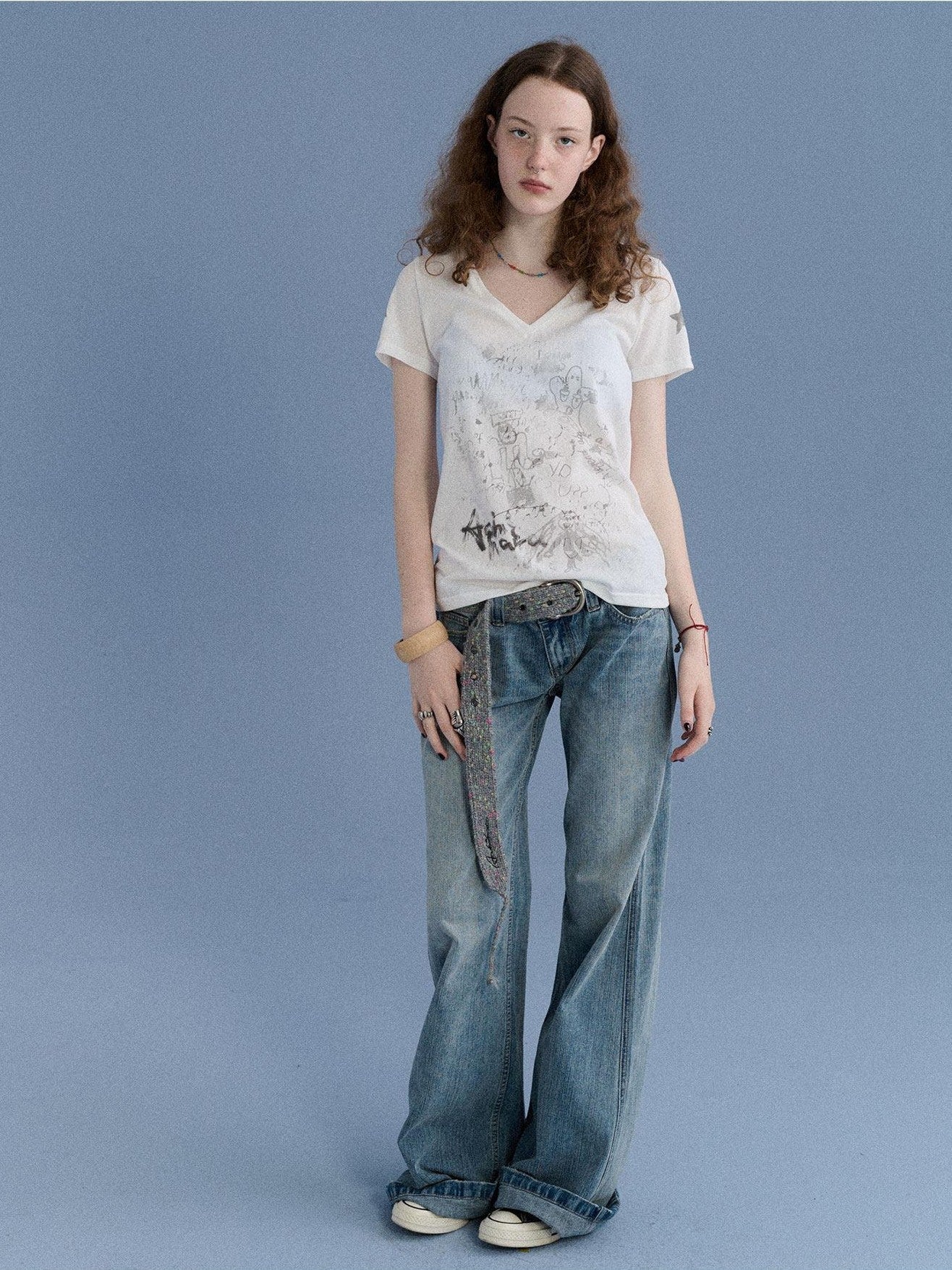 Achihara Sheer V-neck Graffiti Letter Print Women&