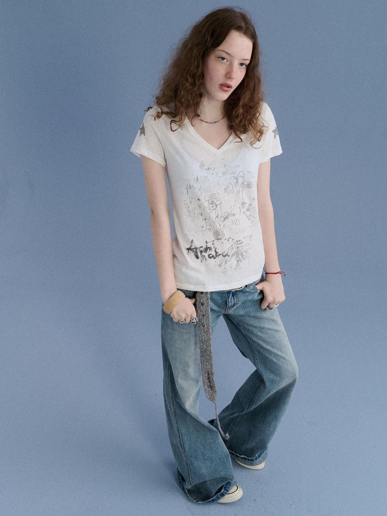 Achihara Sheer V-neck Graffiti Letter Print Women&