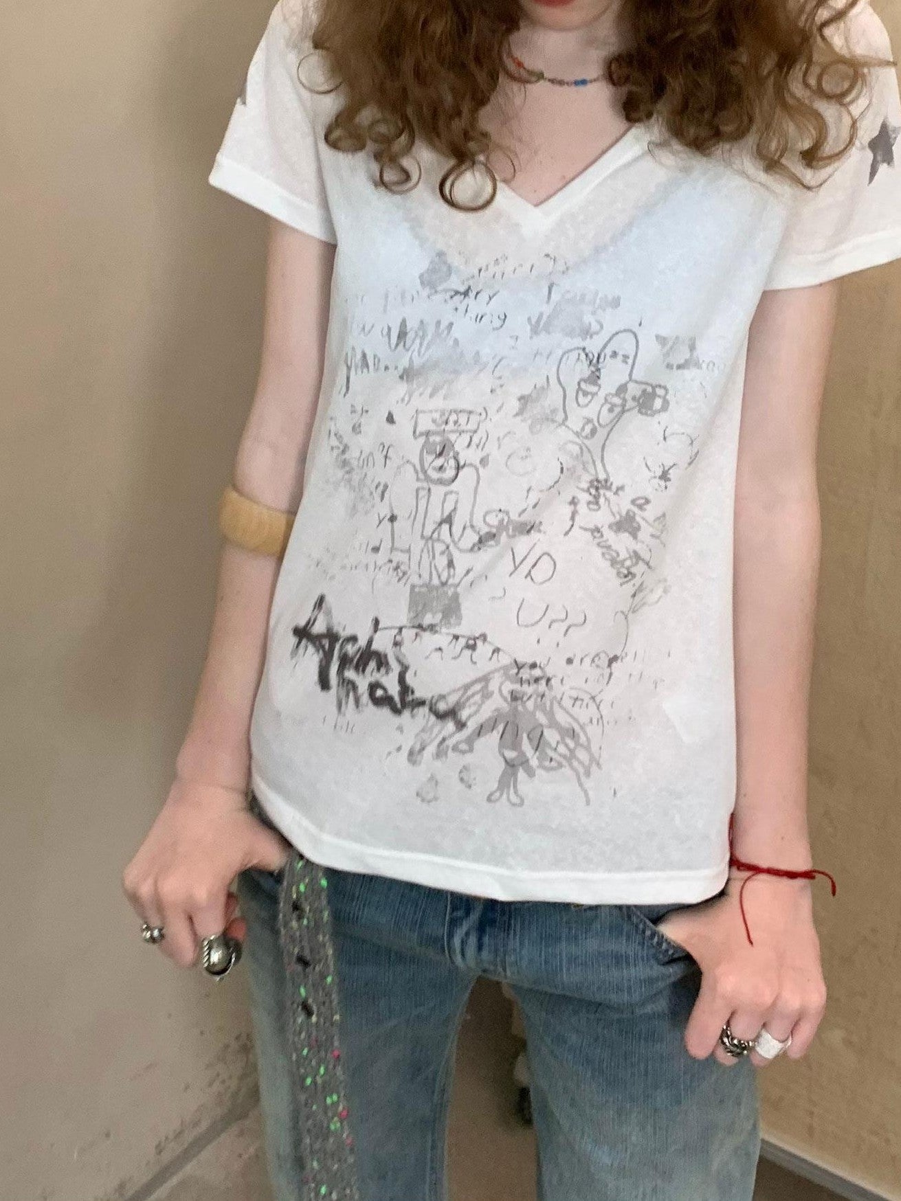 Achihara Sheer V-neck Graffiti Letter Print Women&