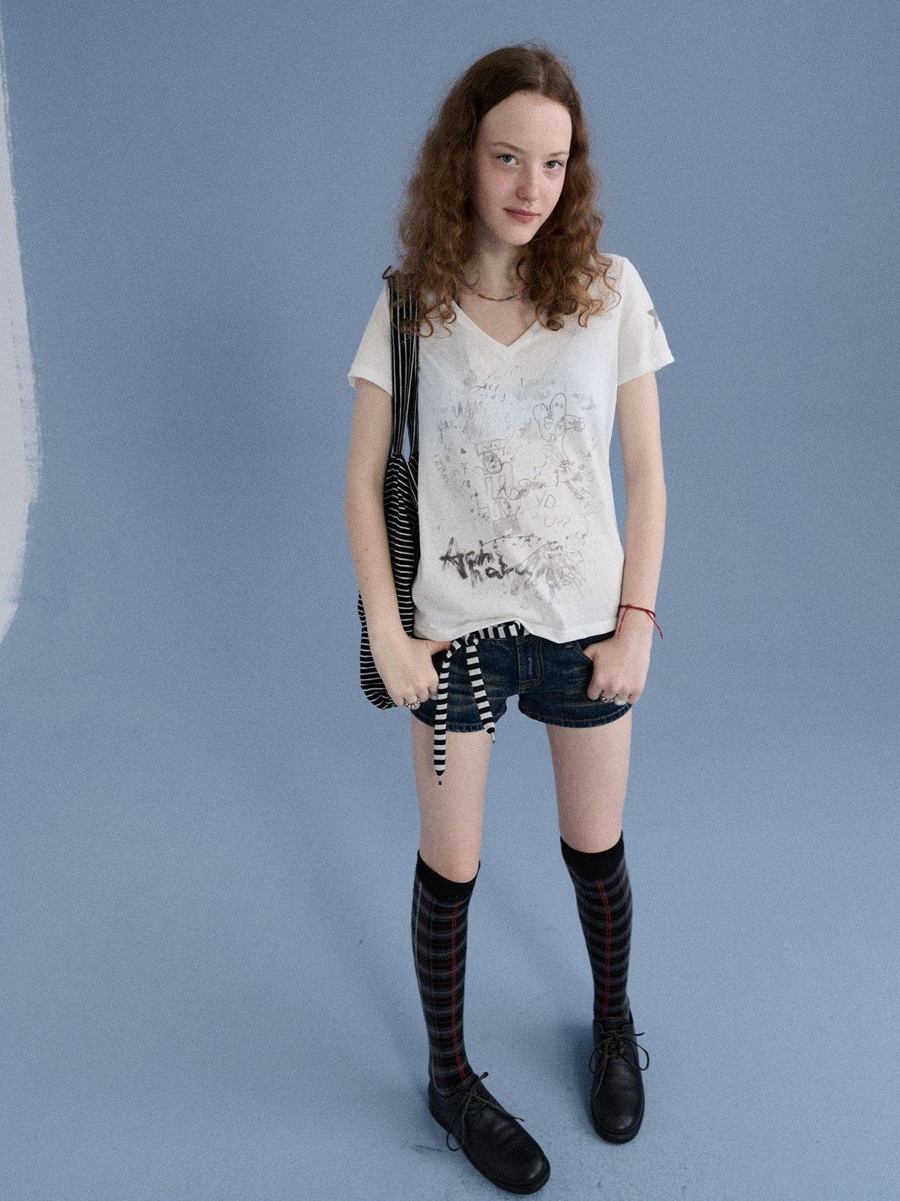 Achihara Sheer V-neck Graffiti Letter Print Women&