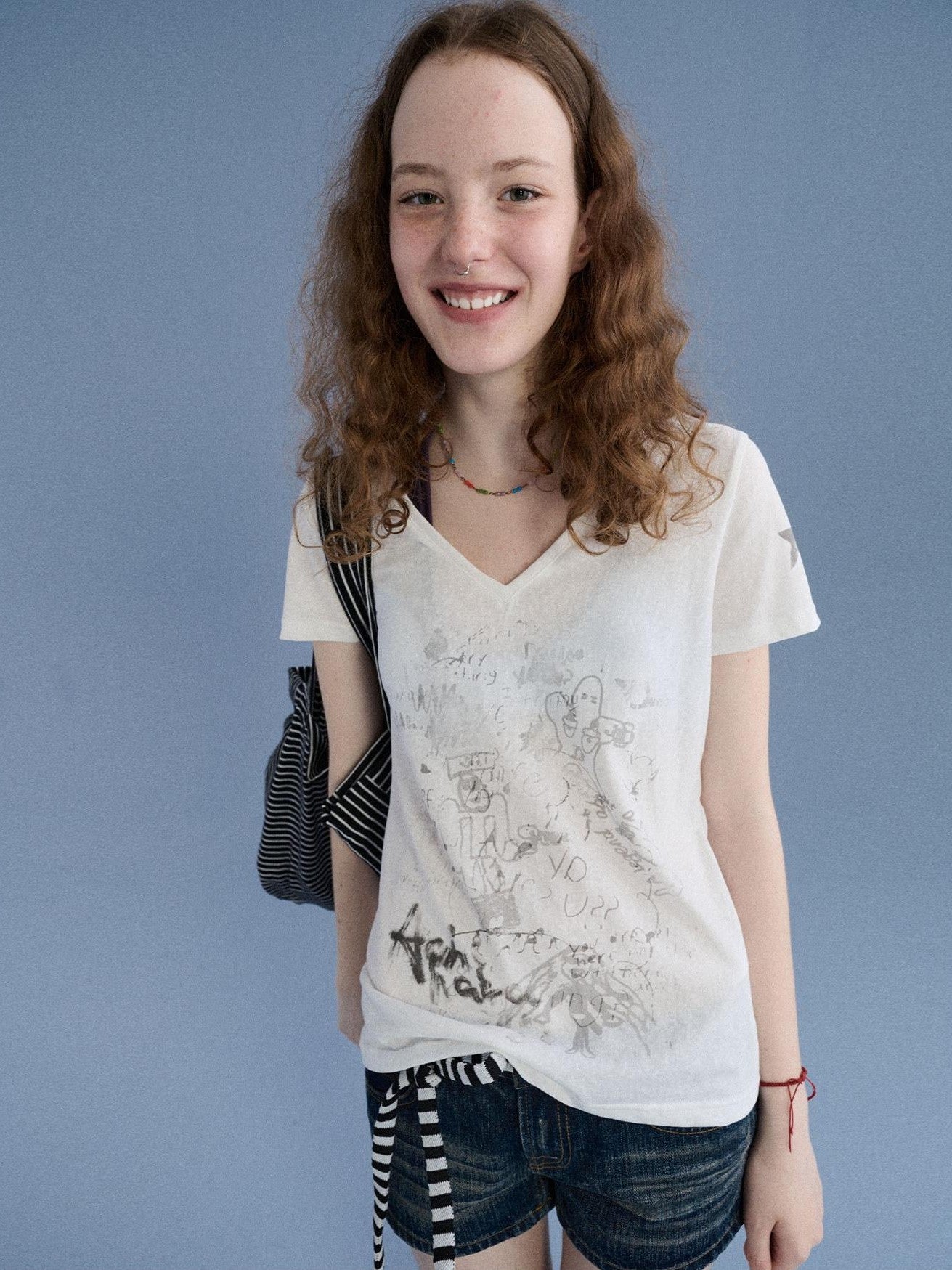 Achihara Sheer V-neck Graffiti Letter Print Women&