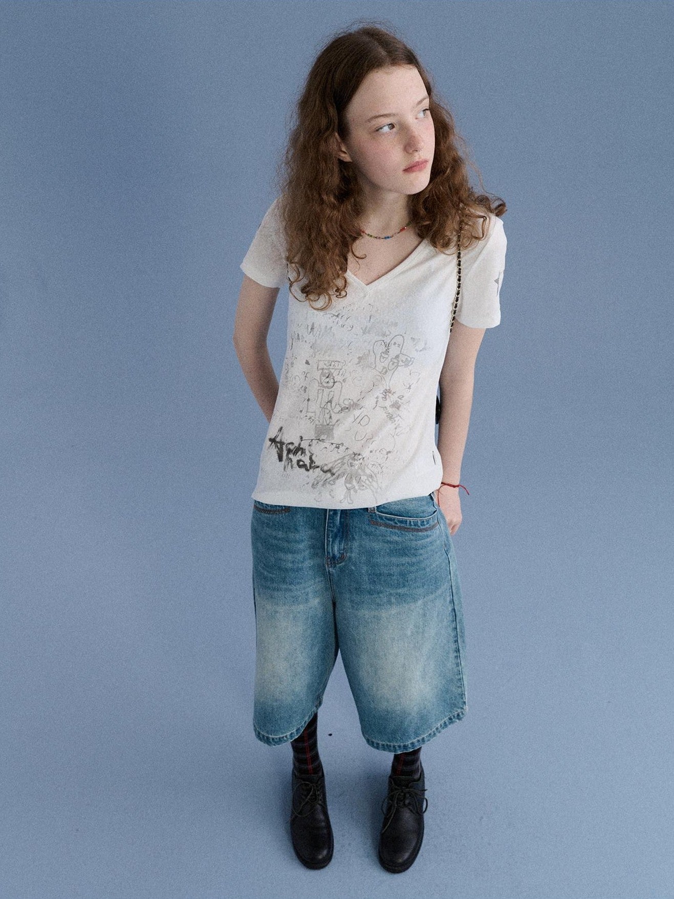 Achihara Sheer V-neck Graffiti Letter Print Women&