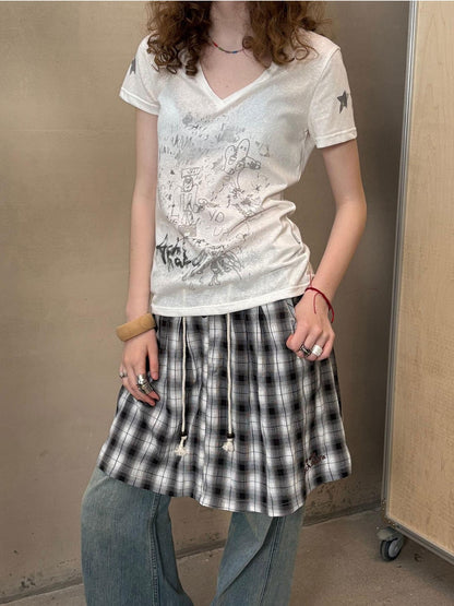 Achihara Sheer V-neck Graffiti Letter Print Women&