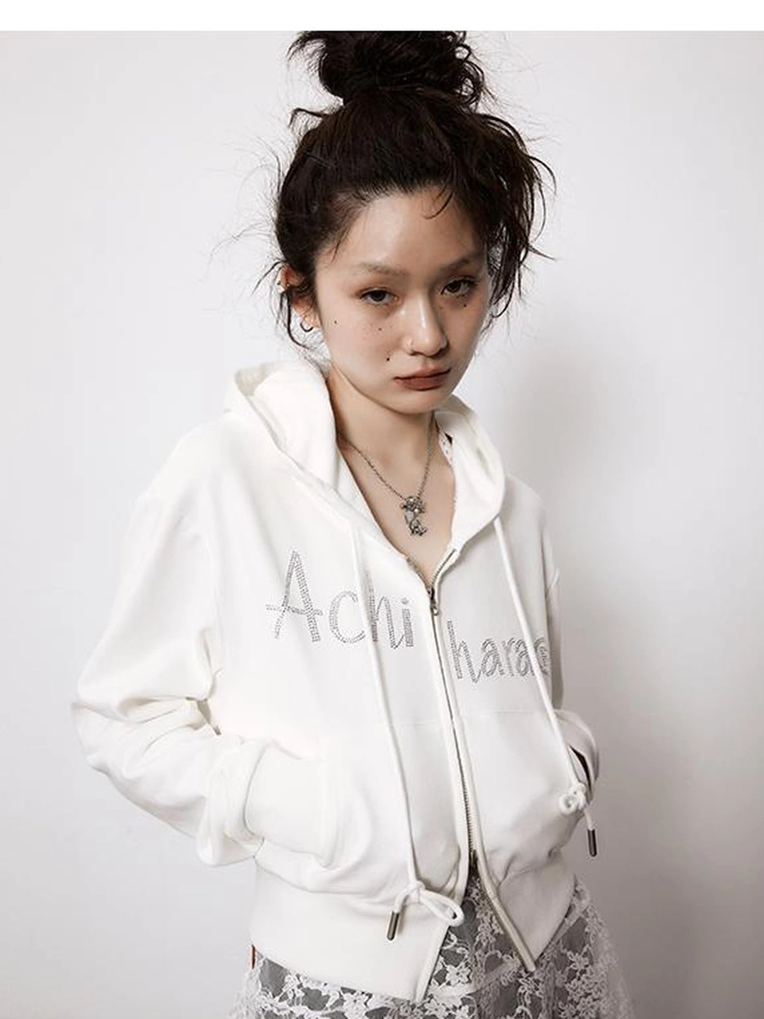 Short Heavy Hooded Sweater With Rhinestones