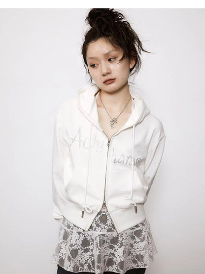 Short Heavy Hooded Sweater With Rhinestones