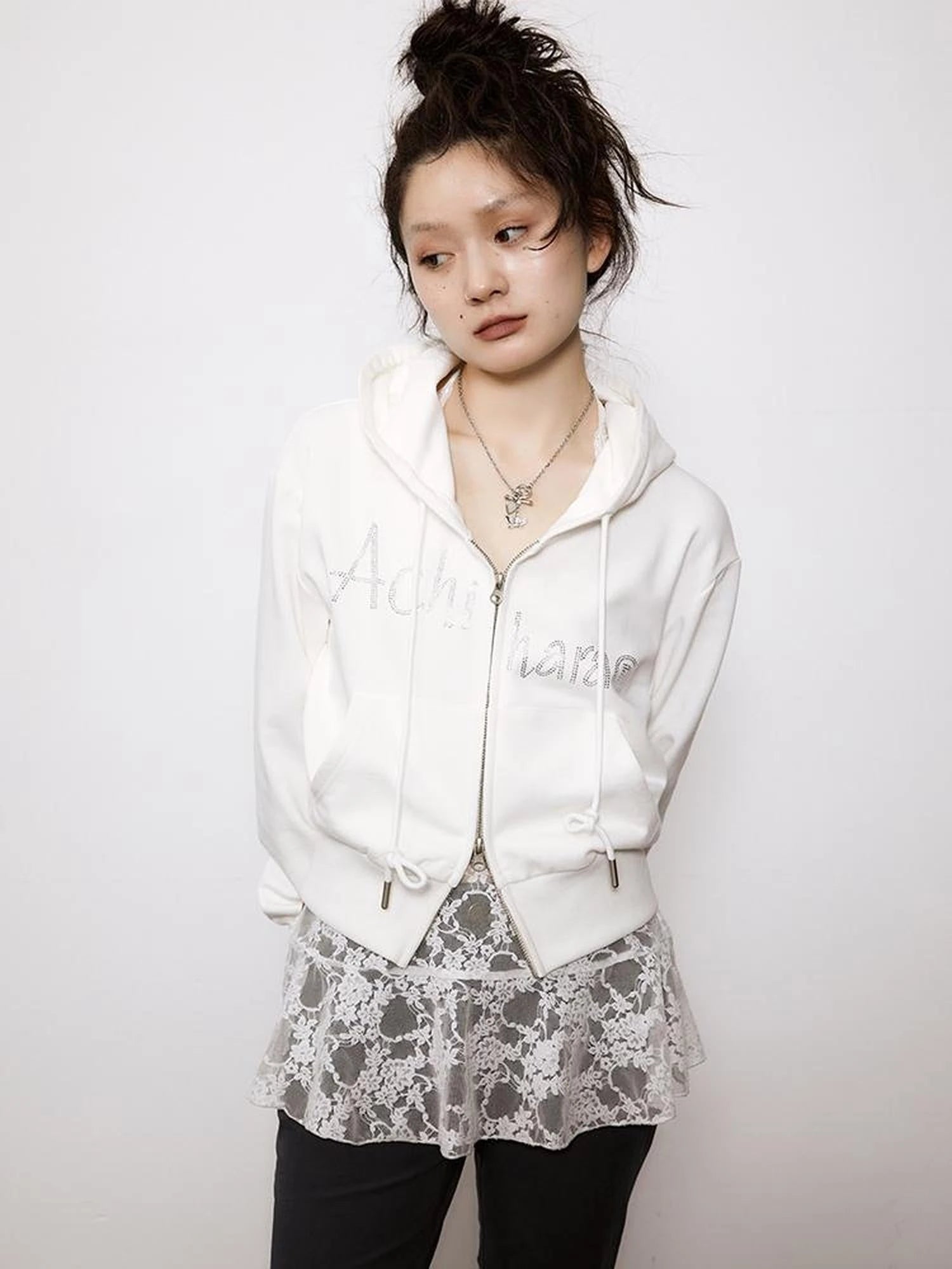 Short Heavy Hooded Sweater With Rhinestones