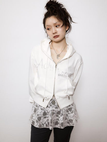 Achihara Short Heavy Hooded Sweater With Rhinestones
