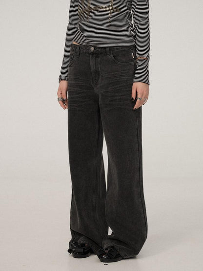 Achihara Smart Commuter Straight Leg Natural Waist Button Fly Denim Black Grey Pants