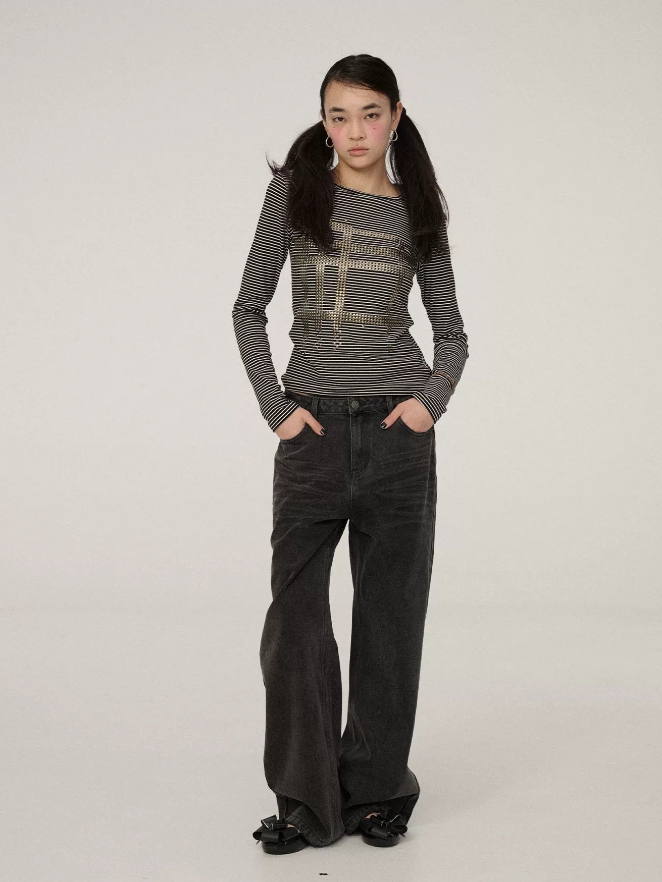 Achihara Smart Commuter Straight Leg Natural Waist Button Fly Denim Black Grey Pants