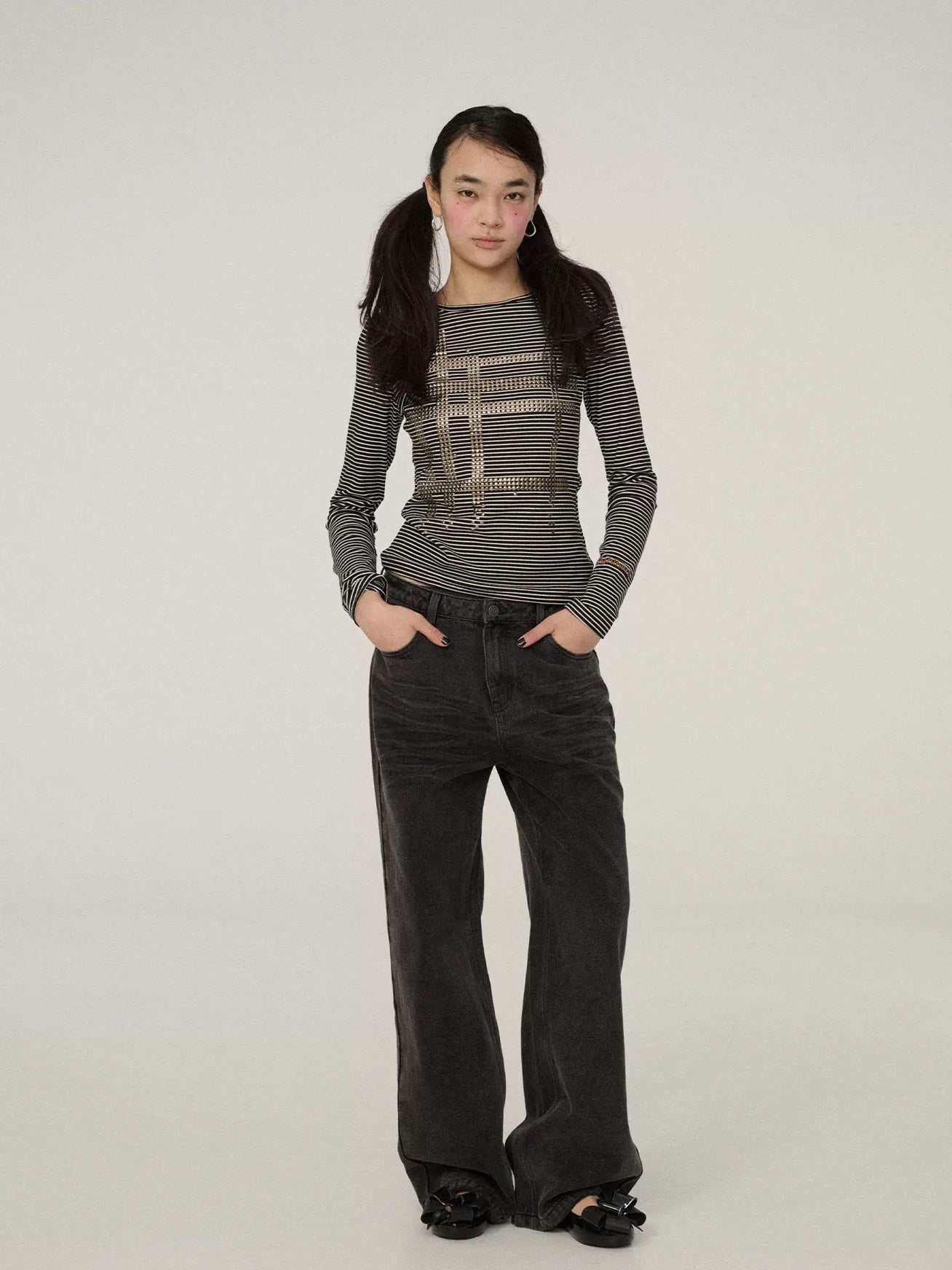 Achihara Smart Commuter Straight Leg Natural Waist Button Fly Denim Black Grey Pants