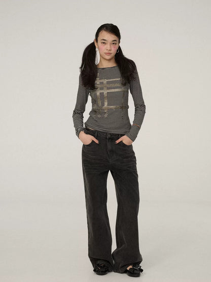 Achihara Smart Commuter Straight Leg Natural Waist Button Fly Denim Black Grey Pants