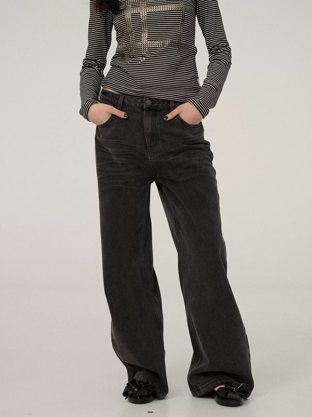 Achihara Smart Commuter Straight Leg Natural Waist Button Fly Denim Black Grey Pants