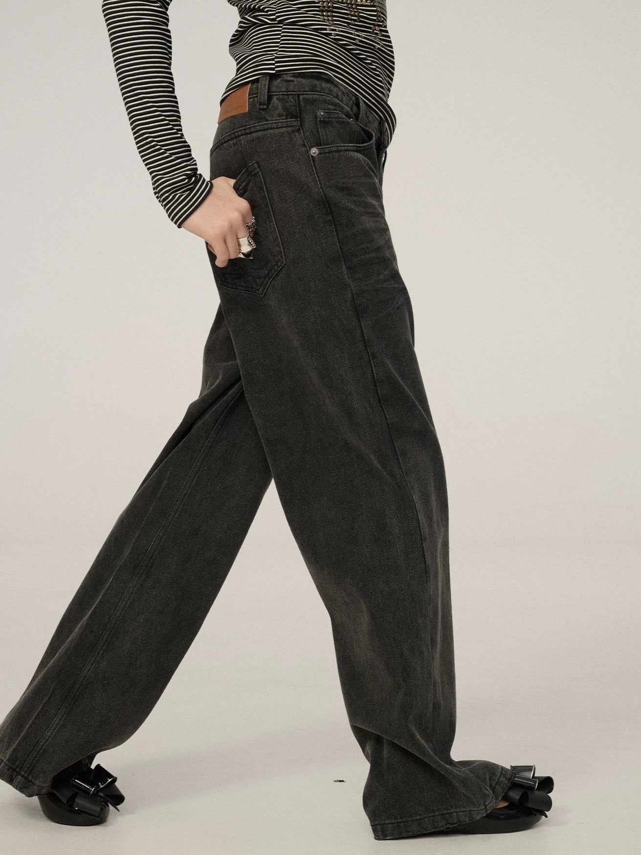 Achihara Smart Commuter Straight Leg Natural Waist Button Fly Denim Black Grey Pants