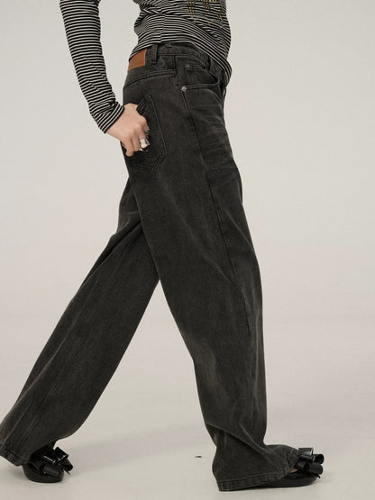 Achihara Smart Commuter Straight Leg Natural Waist Button Fly Denim Black Grey Pants