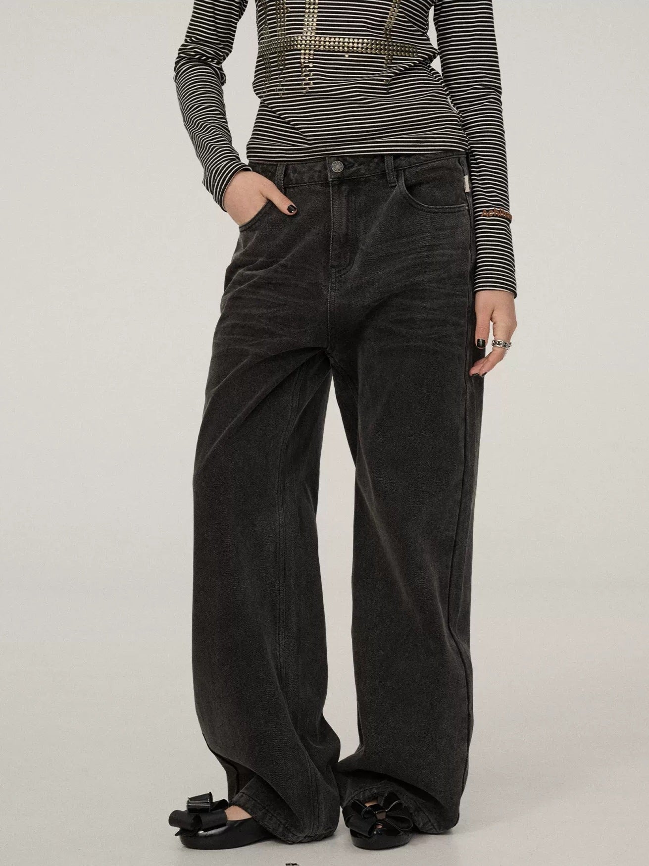 Achihara Smart Commuter Straight Leg Natural Waist Button Fly Denim Black Grey Pants