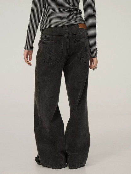 Achihara Smart Commuter Straight Leg Natural Waist Button Fly Denim Black Grey Pants